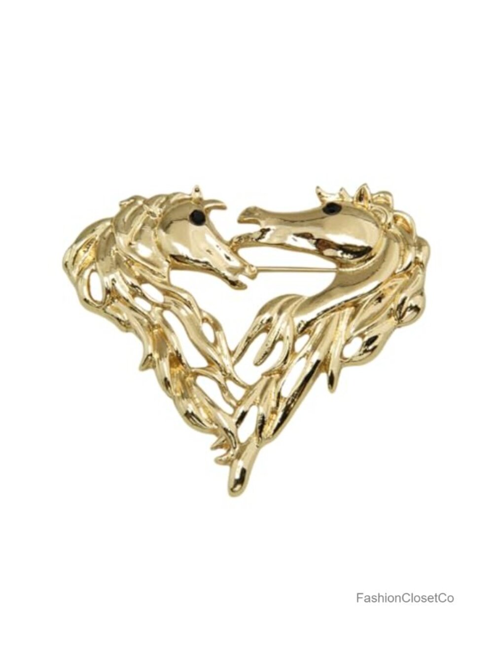 Vintage Heart Shaped 2 Horse Head Brooch Metal Lapel Pin